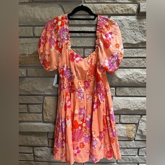BP SHIRRED PUFF SLEEVE COTTON PRAIRIE DRESS CORAL ALYSSA GROOVE FLORAL Large - Picture 3 of 9